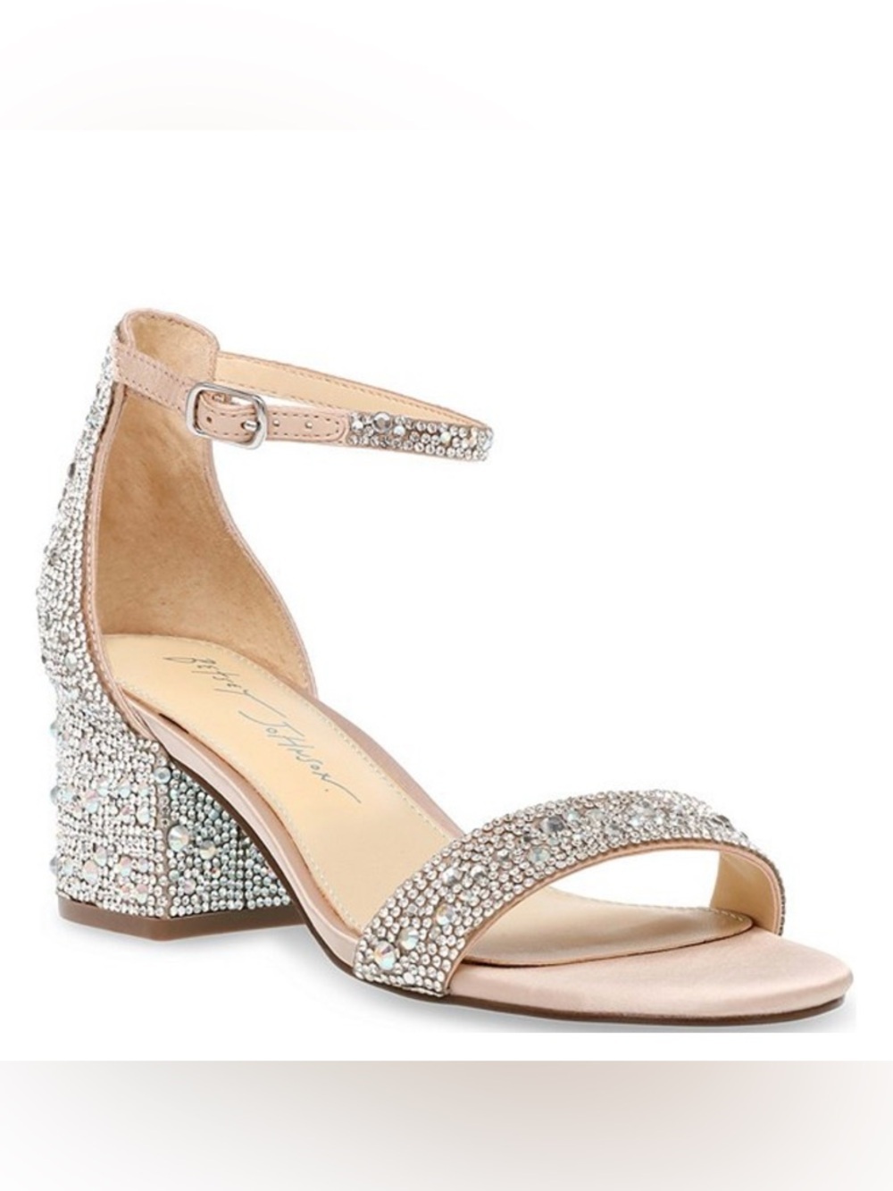 Betsey Johnson Nude Pink Crystal Block Heel Sandal